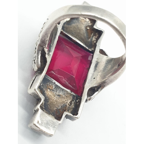 301 - Art deco style silver ring with large red stone, weight 10.7g and size J