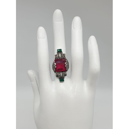 301 - Art deco style silver ring with large red stone, weight 10.7g and size J