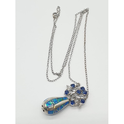 347 - 14K WHITE GOLD PENDANT DECORATED WITH SAPPHIRE AND MOTHER OF PEARL DROP, SET ON 44CM LONG CHAIN, WEI... 