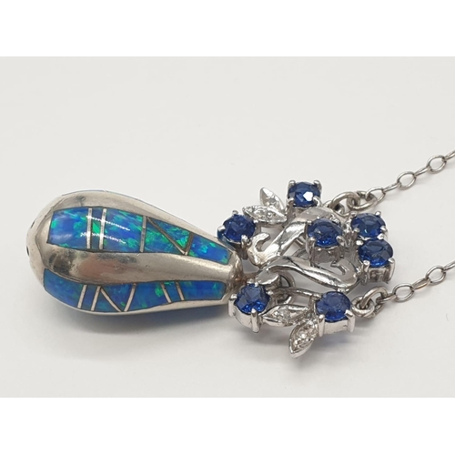 347 - 14K WHITE GOLD PENDANT DECORATED WITH SAPPHIRE AND MOTHER OF PEARL DROP, SET ON 44CM LONG CHAIN, WEI... 