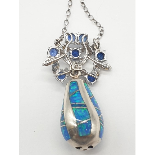 347 - 14K WHITE GOLD PENDANT DECORATED WITH SAPPHIRE AND MOTHER OF PEARL DROP, SET ON 44CM LONG CHAIN, WEI... 