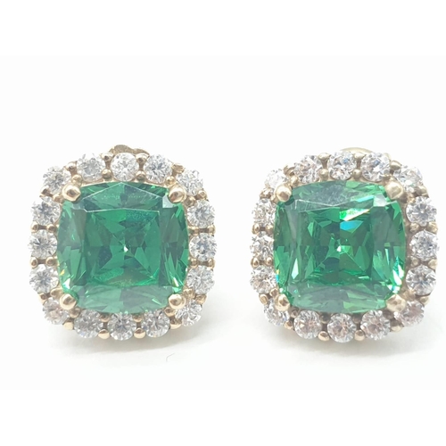 402 - 9ct gold green and white stone earrings, 3.6g