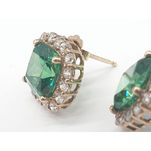 402 - 9ct gold green and white stone earrings, 3.6g