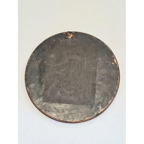 789 - An antique circular print of a 'Women with a Secret' in a walnut frame. Diameter 34cm.