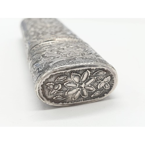 858 - Vintage silver needle case. Intricate floral chased design. Continental 800 silver. Length 8.5cm app... 