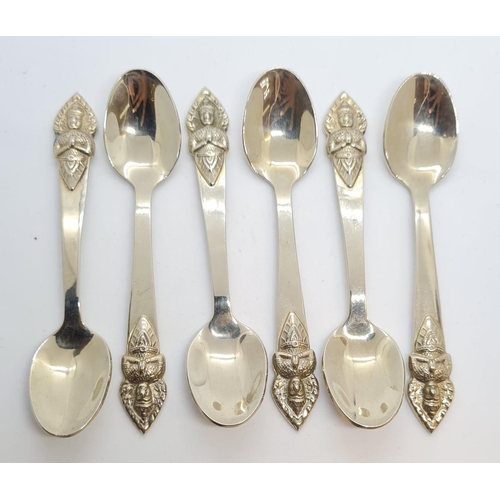 160 - Set of 6 silver coffee spoons from Thailand. Having deighties to top of handles. Clear marking for s... 