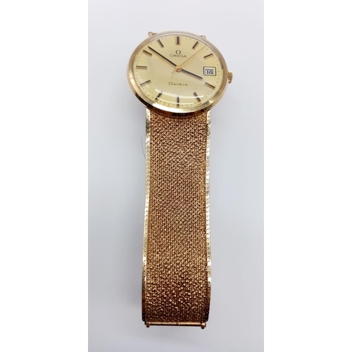 26 - OMEGA Geneve 9ct gold vintage gent watch, manual wind with date box and solid gold strap, 32mm case ... 