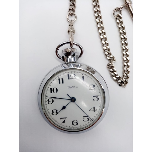 293 - MANUAL WIND TIMEX POCKET WATCH WITH CHAIN in WORKING ORDER