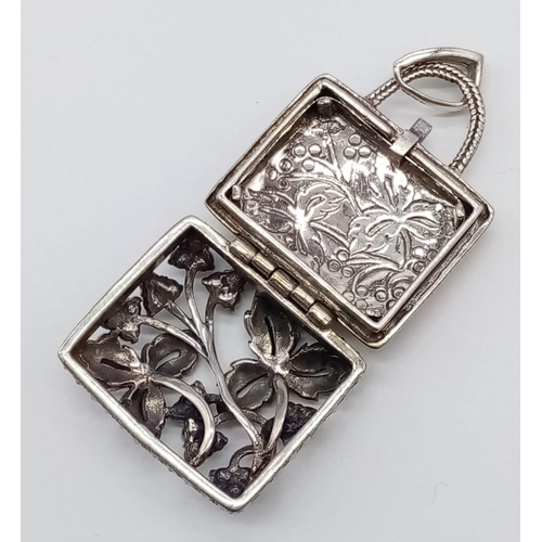 297 - SILVER Marquisite and seed pearl bag pendant that can Opens up, weight 13.3g, 25x30mm approx