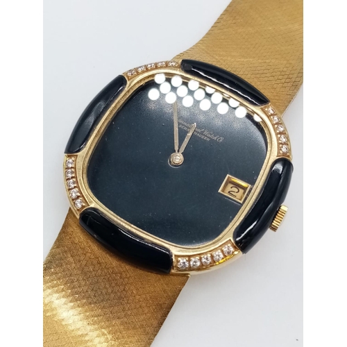 33 - IWC Schaffhausen 18ct gold watch with black face, diamond and enamel bezel, 17.5cm long approx, 35mm... 