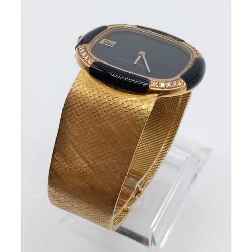 33 - IWC Schaffhausen 18ct gold watch with black face, diamond and enamel bezel, 17.5cm long approx, 35mm... 