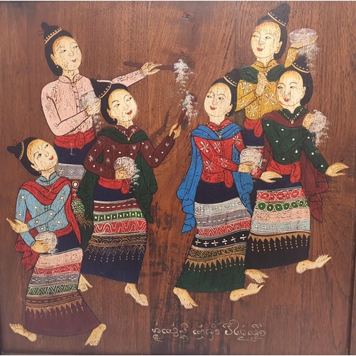 367 - A signed Asian painted wood panel of women celebrating. 50cm x 50cm.