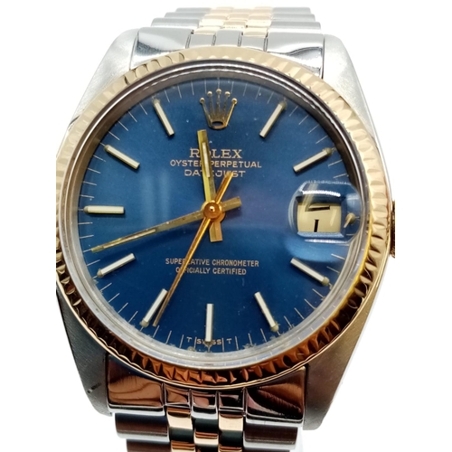 47 - Rolex Oyster Perpetual Datejust watch, blue face with gold bezel, two tone strap, 31mm case