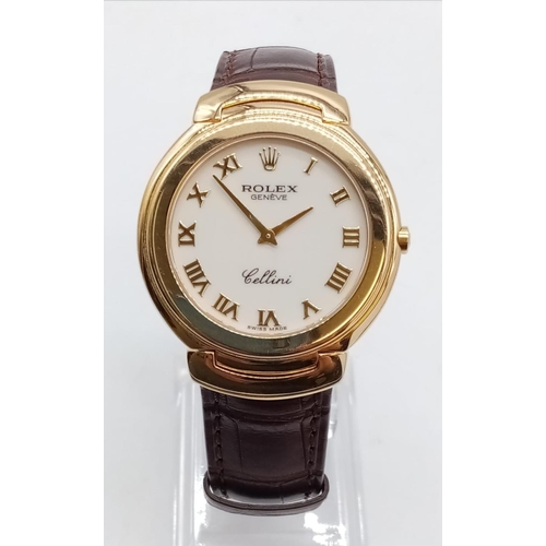 5 - 18ct gold Rolex Geneve Cellini slimline gent watch, with white face Roman numerals 35mm case with pa... 