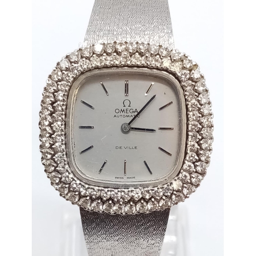 52 - Vintage 18ct white gold OMEGA de Ville ladies automatic watch, square face with diamond encrusted be... 