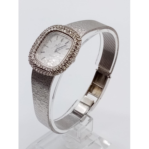 52 - Vintage 18ct white gold OMEGA de Ville ladies automatic watch, square face with diamond encrusted be... 