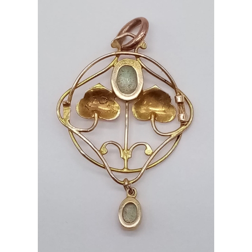 566 - 15ct gold Edwardian pendant with opal stone and opal drop, 3.5cm long and weight 2.14g