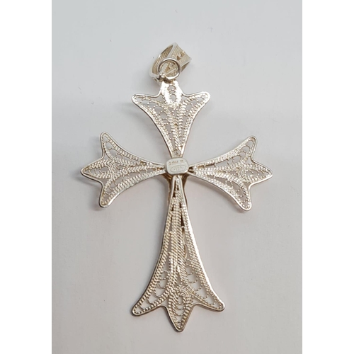 572 - Silver filigree crucifix in attractive modernist form. 4.5cm drop approx. Gift boxed.