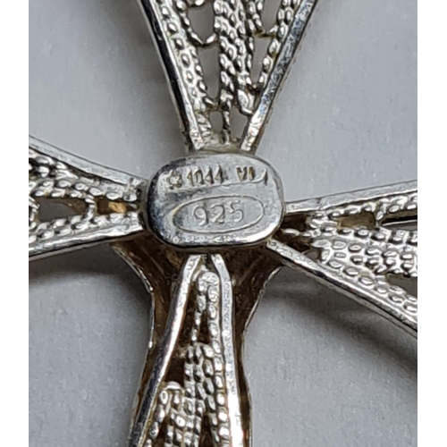 572 - Silver filigree crucifix in attractive modernist form. 4.5cm drop approx. Gift boxed.