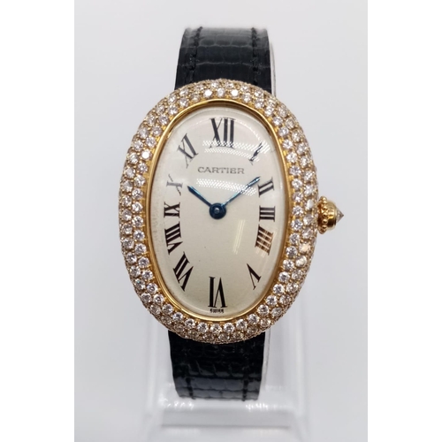 73 - Vintage 18ct gold Cartier ladies quartz watch with oval face and diamond encrusted bezel, Cartier bl... 