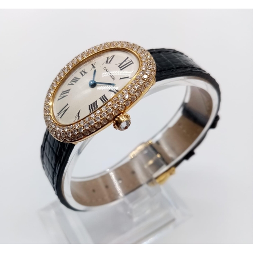 73 - Vintage 18ct gold Cartier ladies quartz watch with oval face and diamond encrusted bezel, Cartier bl... 