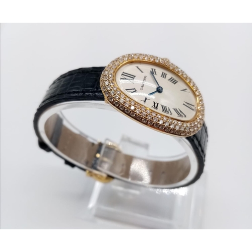 73 - Vintage 18ct gold Cartier ladies quartz watch with oval face and diamond encrusted bezel, Cartier bl... 