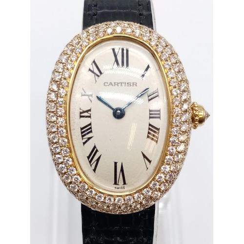 73 - Vintage 18ct gold Cartier ladies quartz watch with oval face and diamond encrusted bezel, Cartier bl... 