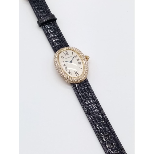 73 - Vintage 18ct gold Cartier ladies quartz watch with oval face and diamond encrusted bezel, Cartier bl... 