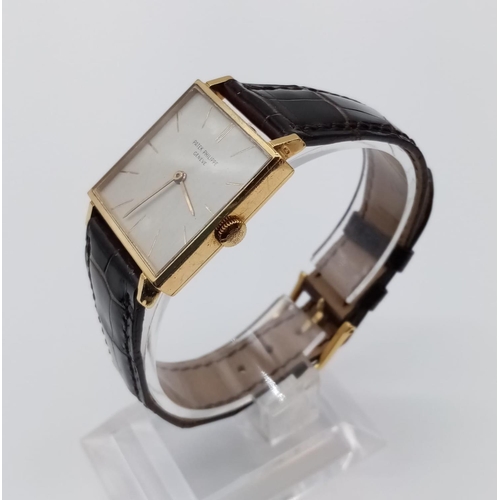 77 - Vintage Patek Philippe Geneve 18ct gold tank watch, square face 25mm and brown leather strap