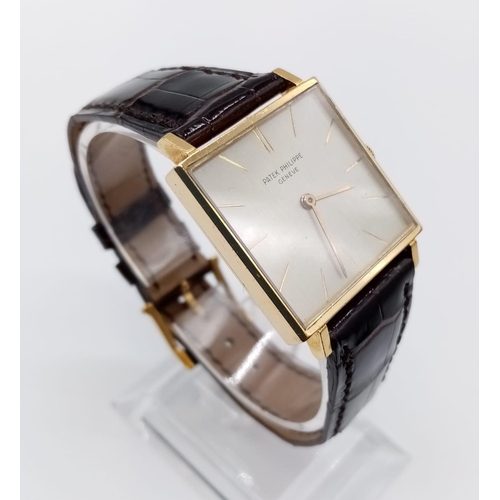 77 - Vintage Patek Philippe Geneve 18ct gold tank watch, square face 25mm and brown leather strap