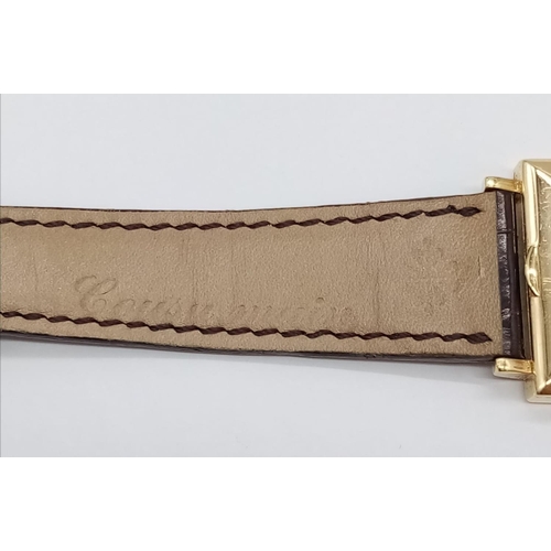 77 - Vintage Patek Philippe Geneve 18ct gold tank watch, square face 25mm and brown leather strap