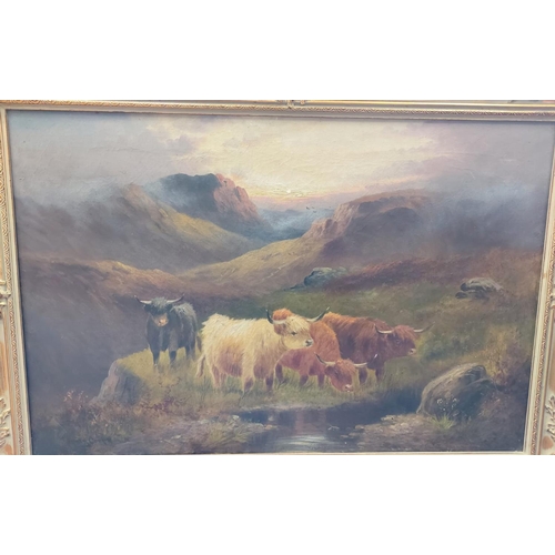 809 - Antique mid 19th century oil on canvas painting. 'Highland Cattle' signed by Henry Cooper in origina... 