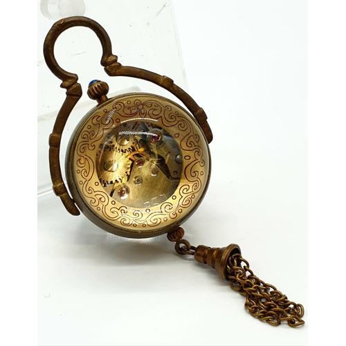 852 - Chinese vintage brass pocket ball clock exhibition back (manual wind)