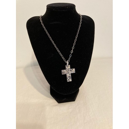 130 - Large silver stone set cross mounted on a long silver link chain. Stunning piece of quality jeweller... 