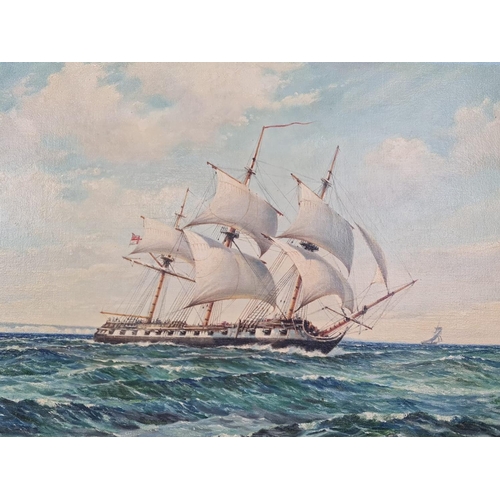 259 - Large oil on canvas painting by M.W. Whittington of a Royal Navy Schooner in full sail, 88x62cm