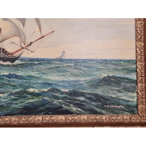 259 - Large oil on canvas painting by M.W. Whittington of a Royal Navy Schooner in full sail, 88x62cm