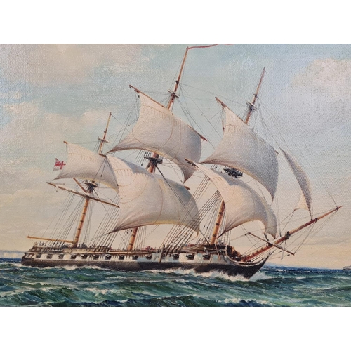 259 - Large oil on canvas painting by M.W. Whittington of a Royal Navy Schooner in full sail, 88x62cm