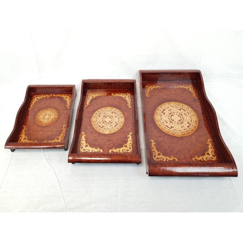 277 - 3x lacquered wooden trays with decorative Chinese etchings, largest size 60x35cm approx