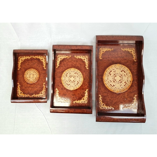 277 - 3x lacquered wooden trays with decorative Chinese etchings, largest size 60x35cm approx