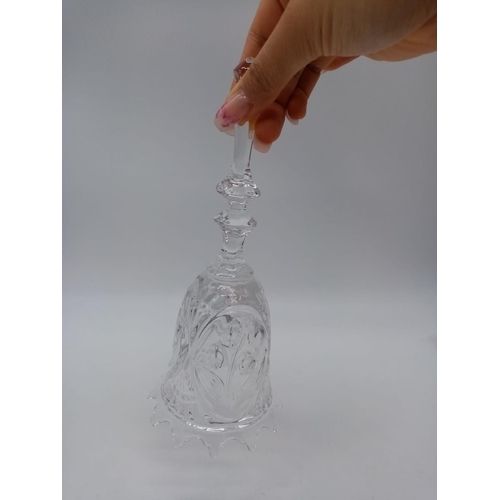 395 - Vintage crystal bell with etched flowers, 21cm tall