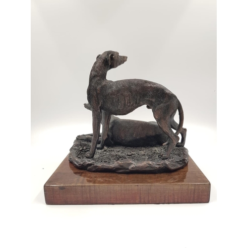 500 - A 2003 signed brass sculpture by Posa - depicting two greyhounds. One at rest, the other alert. Moun... 