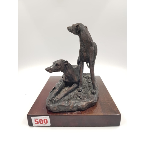 500 - A 2003 signed brass sculpture by Posa - depicting two greyhounds. One at rest, the other alert. Moun... 