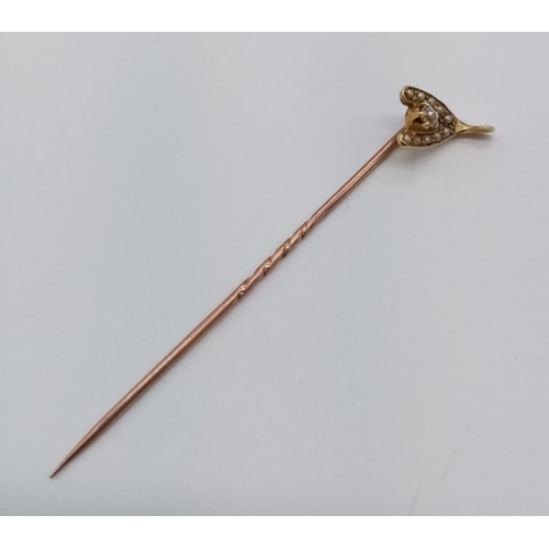 575 - Antique 15ct yellow gold stick pin with seed pearls and diamond wishbone, 6cm long and weight 1.1g, ... 