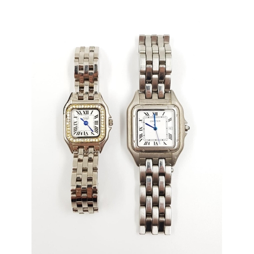 636 - A pair of Cartier styled ladies wristwatches. Stainless steel bracelets.