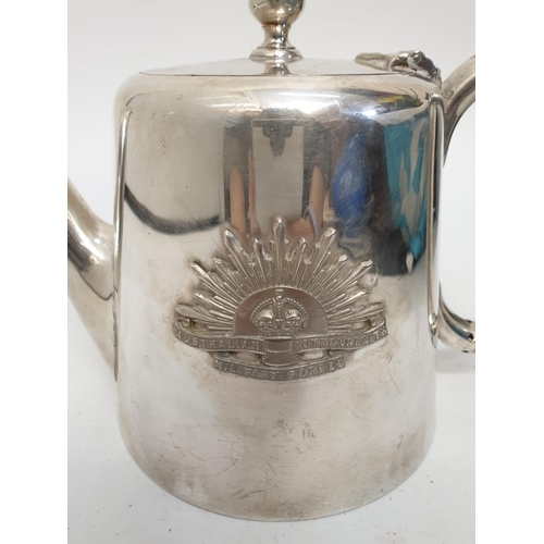 9 - WW2 Silver Plated Tea Pot with Australian Insignia.