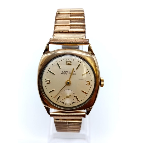 412 - Vintage 9ct gold Omer gent watch circa 1930s, Swiss made with stretch-strap and white face