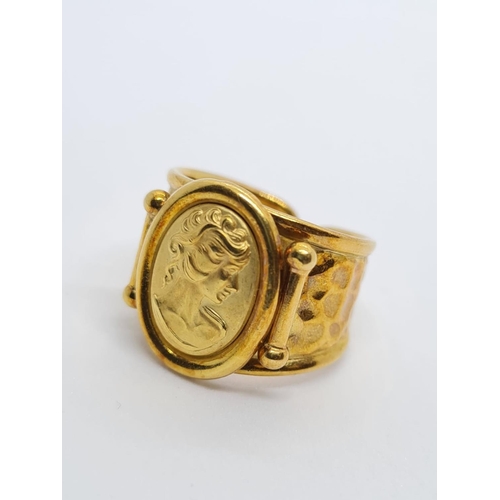 14 - 18ct yellow gold vintage ring with a lady portrait centre, weight 5.7g and size M