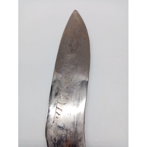 342 - A large Gurkha vintage kukri knife with patterned inscription on blade, with scabbard. 50cm long.