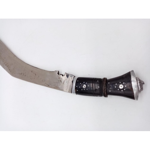 342 - A large Gurkha vintage kukri knife with patterned inscription on blade, with scabbard. 50cm long.