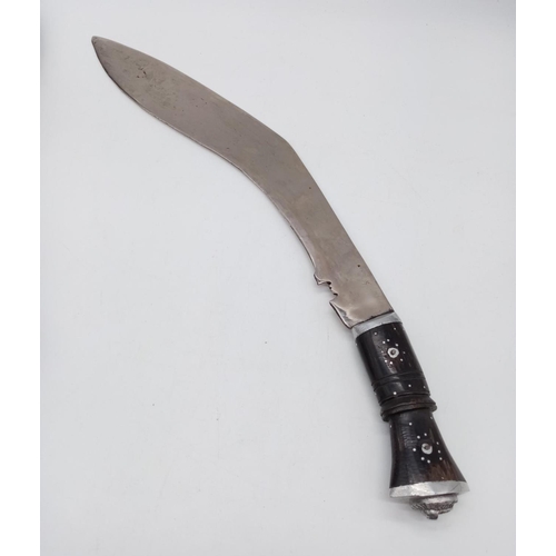 342 - A large Gurkha vintage kukri knife with patterned inscription on blade, with scabbard. 50cm long.